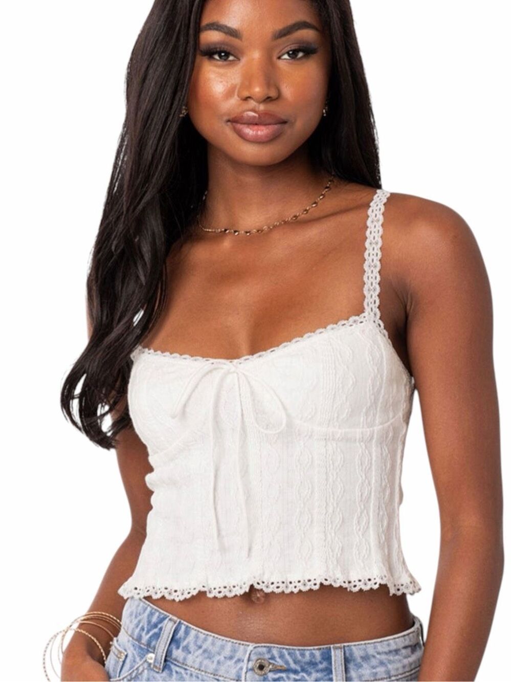 EDIKTED Lacey Knit Lace Trim Bow Front Crop Tank Top White Large